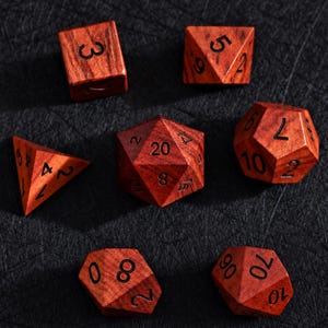 Red Wooden DND Dice Set, Sharp Edge Wood Polyhedral Dice with Black Numbers, Natural Grain RPG Dice for Tabletop Gaming