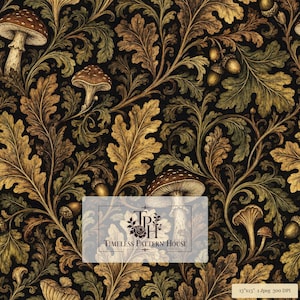 May include: A seamless pattern featuring brown and tan mushrooms, acorns, and oak leaves on a black background. A rectangular overlay displays the text TPH Timeless Pattern House, and a small label indicates 13x13 1 Jpeg 300 DPI.