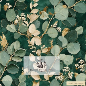 Eucalyptus Gold Leaf Pattern | Dark Green Botanical Seamless Digital Paper (13x13 inch JPEG)