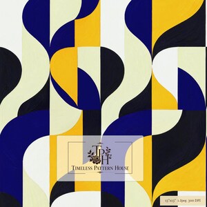 May include: A digital graphic pattern featuring repeating curved shapes in navy blue, mustard yellow, black, and off-white. A logo with the text Timeless Pattern House is centered, and a label reads 13 inches by 13 inches, 1 Jpeg 300 DPI.
