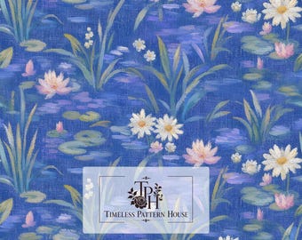 May include: A digital fabric pattern featuring an impressionist-style painting of white daisies and pink water lilies on a textured deep blue background. The design includes green reeds and lily pads. Text reads Timeless Pattern House, 13x13 inches.