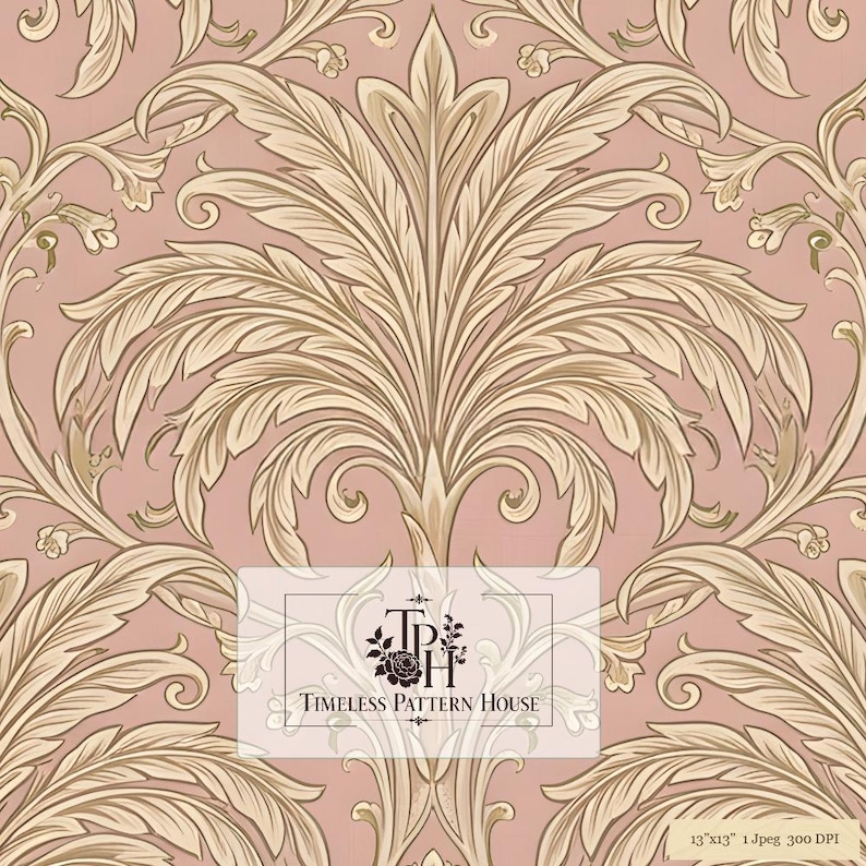 Timeless Icon Without Background Blush Pink Acanthus Damask Seamless Pattern | Victorian Scroll Fabric ...