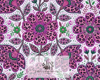 May include: A white fabric featuring an embroidered floral pattern with pink and black leopard print petals, green centers, and green stems. The design includes the text TPH TIMELESS PATTERN HOUSE and a 13x13 inch 1 jpeg 300 dpi label.