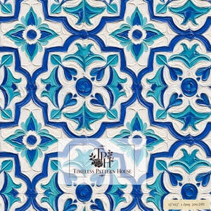 May include: A repeating tile pattern featuring a textured, impasto-style floral motif in shades of white, turquoise, and royal blue. The design includes a central watermark with the text "TPH Timeless Pattern House" and a 13"x13" label.