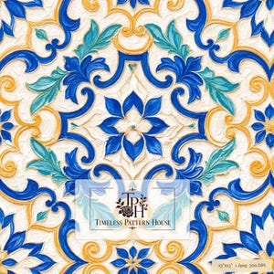 Op de afbeelding: Een decoratief tegelpatroon met een herhalend bloemen- en krulmotief in koningsblauw, turkoois en goud op een getextureerde witte achtergrond. Het ontwerp bevat de tekst "TPH TIMELESS PATTERN HOUSE" en "13"x13" 1 Jpeg 300 DPI".