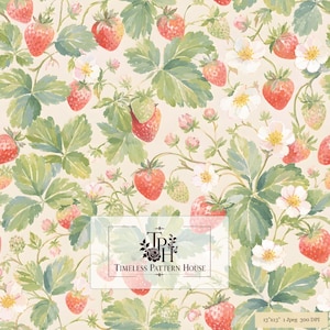 May include: A seamless pattern featuring watercolor-style red strawberries, green leaves, and white flowers on a cream background. A rectangular logo in the center reads Timeless Pattern House. A small label in the corner reads 13x13 1 Jpeg 300 DPI.