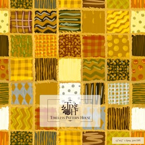 May include: A digital patchwork pattern featuring a grid of squares in shades of yellow, gold, brown, and olive green. Each square displays a unique design including stripes, polka dots, plaids, and wavy lines. Text reads Timeless Pattern House.