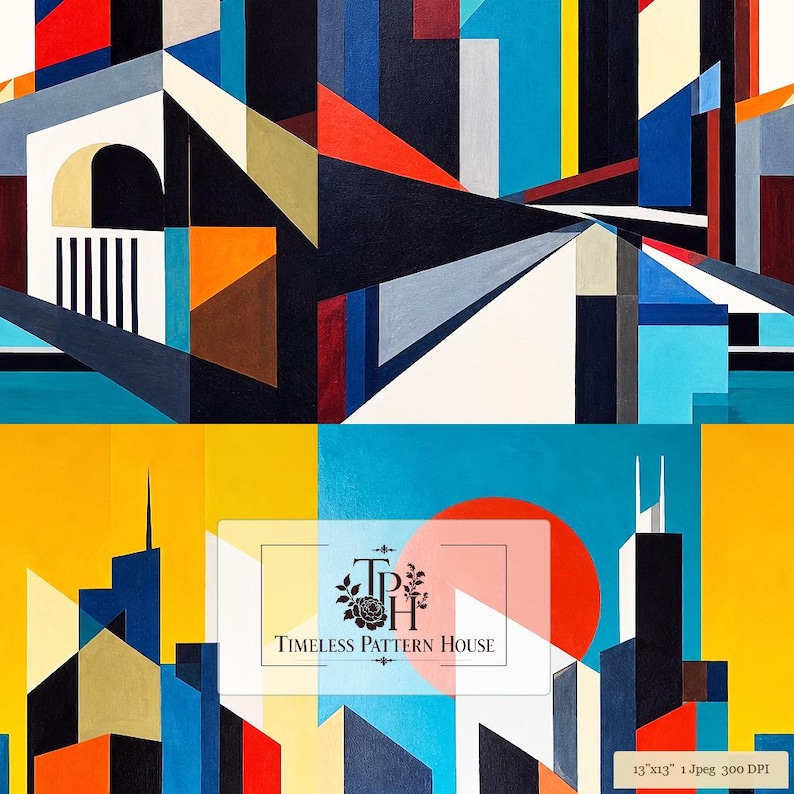 K&ouml;nnte beinhalten: Ein digitaler Kunstdruck mit einem geometrischen Stadtbild aus kr&auml;ftigen Bl&ouml;cken in Blau, Gelb, Rot, Schwarz und Wei&szlig;. Das Design enth&auml;lt ein Logo mit dem Text Timeless Pattern House und ein Etikett mit 33 cm mal 33 cm 1 Jpeg 300 DPI.