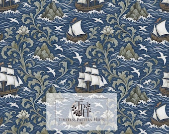 May include: A seamless pattern featuring sailing ships, rocky islands, and white birds on a dark blue background with swirling foliage. A central rectangular overlay displays the text Timeless Pattern House with a floral logo and 13x13 1 Jpeg 300 DPI.