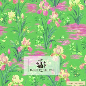 May include: A vibrant green digital pattern featuring painted iris flowers in shades of pink, yellow, and cream. The design includes small clusters of light green foliage and pink water reflections. Text reads: TPH TIMELESS PATTERN HOUSE 33 cm x 33 cm 1 Jpeg 300 DPI.