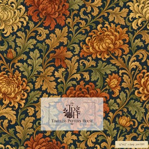 Puede incluir: Un patrón digital continuo con intrincados crisantemos naranjas, amarillos y verdes con hojas de acanto sobre un fondo oscuro. El texto TPH Timeless Pattern House está centrado, con 13x13 1 Jpeg 300 DPI en la esquina.
