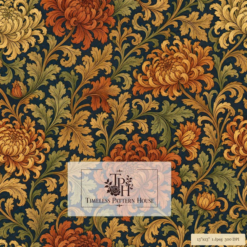 Victorian Chrysanthemum Floral Damask Pattern | Navy Gold Rust ...