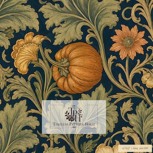 May include: A digital pattern featuring a central orange pumpkin surrounded by orange flowers and green foliage on a dark blue background. A rectangular overlay displays the text "TPH Timeless Pattern House" and a small floral icon. A label reads "13"x13" 1 Jpeg 300 DPI".