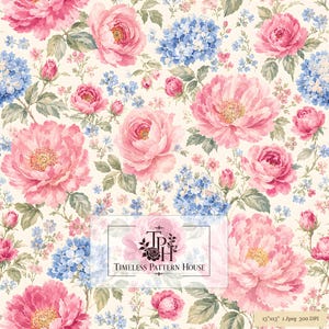 May include: A seamless pattern featuring large pink peonies and clusters of blue hydrangeas on a cream background. The design includes green leaves and small floral accents. A logo for Timeless Pattern House is centered with the text 13x13 1 jpeg 300 DPI.