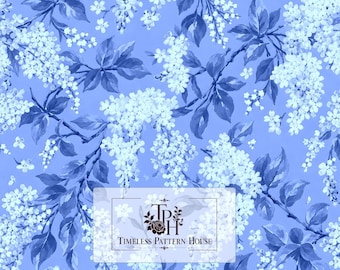 May include: A digital pattern featuring white floral clusters and dark blue leaves on a light blue background. The text "TPH TIMELESS PATTERN HOUSE" is centered in a rectangular frame. A small label in the corner reads "13"x13" 1 Jpeg 300 DPI".