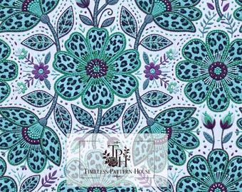 May include: A repeating fabric pattern featuring embroidered-style flowers with teal leopard print petals, dark purple centers, and green stems on a white background. The text Timeless Pattern House is centered with a 13x13 inch label.