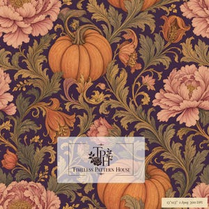 May include: A seamless pattern featuring orange pumpkins, large pink peony flowers, and intricate green foliage on a dark purple background. A rectangular overlay displays the text TPH Timeless Pattern House and 13x13 1 jpeg 300 DPI.