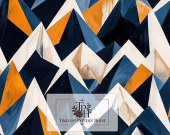 May include: A seamless digital pattern featuring geometric mountain shapes in shades of navy blue, white, and golden yellow with visible brushstroke textures. A logo with the text Timeless Pattern House is centered, and a label reads 13"x13" 1 Jpeg 300 DPI.