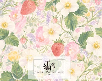 May include: A digital pattern featuring red strawberries, white strawberry blossoms, pink roses, and small purple flowers on a cream background. The text "TPH Timeless Pattern House" is centered in a white box, with "13"x13" 1 Jpeg 300 DPI" below.