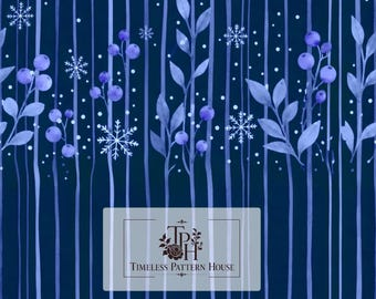 May include: A digital pattern featuring vertical light blue stripes on a dark blue background, decorated with watercolor-style illustrations of blue berries, leaves, and white snowflakes. The text Timeless Pattern House is centered.