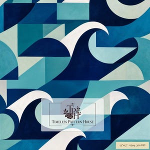 Könnte beinhalten: Ein digitales Grafikmuster mit stilisierten Meereswellen in Marineblau, Petrol und Hellblau mit weißen Kämmen. Das Design enthält geometrische Formen und ein zentrales Logo mit dem Text Timeless Pattern House sowie 13"x13" 1 Jpeg 300 DPI.