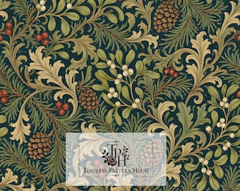 May include: A digital pattern featuring a dark green background with intricate botanical illustrations of pine cones, red berries, white berries, and swirling light green and tan foliage. The text reads Timeless Pattern House, 13"x13" 1 Jpeg 300 DPI.