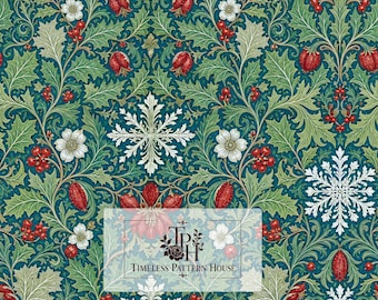 May include: A repeating pattern on a dark teal background featuring white snowflakes, red berries, and green leaves. A rectangular overlay displays the text TPH Timeless Pattern House and a small label stating 13x13 1 jpeg 300 DPI.