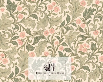 May include: A seamless digital pattern featuring intricate sage green acanthus leaves and delicate pink flowers on a cream background. A central white rectangular overlay displays the text TPH TIMELESS PATTERN HOUSE and 13x13 1 Jpeg 300 DPI.