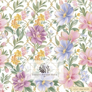 May include: A digital pattern featuring a white background with a gold lattice overlay, decorated with painted flowers in shades of purple, pink, blue, and yellow. The text Timeless Pattern House is centered in a white box with a floral logo.