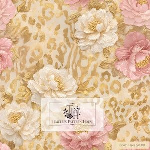 Puede incluir: Un patrón digital sin costuras con grandes peonías texturizadas en blanco y rosa suave sobre un fondo de estampado de leopardo en oro metálico. Una etiqueta blanca rectangular en el centro muestra el texto "TPH TIMELESS PATTERN HOUSE".