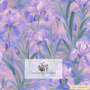 Diseño floral de iris morado / Estilo de pintura al óleo impresionista con repetición sin costuras / Papel tapiz textil para sublimación (POD)
