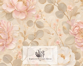 May include: A digital pattern featuring large, textured pink and white peony flowers with gold-leaf edges, interspersed with soft grey-green eucalyptus leaves on a cream background. The text reads Timeless Pattern House, 13"x13" 1 Jpeg 300 DPI.