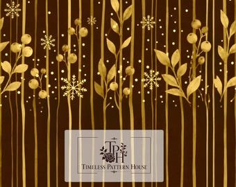 May include: A digital pattern featuring gold vertical lines, leaves, berries, and snowflakes on a dark brown background. A central rectangular label displays the text Timeless Pattern House. The image includes text stating 13x13 1 Jpeg 300 DPI.