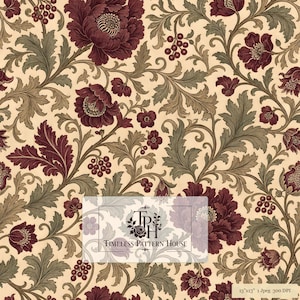 May include: A seamless digital pattern featuring deep burgundy flowers and muted green foliage on a cream background. The design includes clusters of small berries and intricate swirling vines. A logo reads "TPH Timeless Pattern House" and a label states "13"x13" 1 Jpeg 300 DPI".