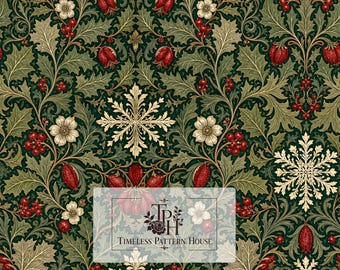 May include: A digital pattern featuring a dark green background with repeating botanical motifs of white flowers, red berries, and cream-colored snowflakes. The text reads Timeless Pattern House. A small label in the corner states 13x13 1 jpeg 300 DPI.