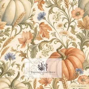 Aquarel herfstpompoen bloemenpatroon | Oogst botanisch naadloos herhalend patroon (JPEG)
