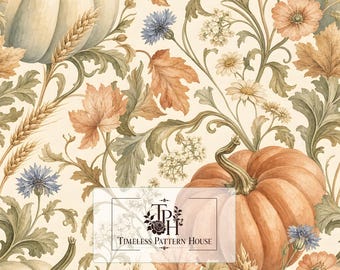 Watercolour Autumn Pumpkin Floral Pattern | Harvest Botanical Seamless Repeat (JPEG)
