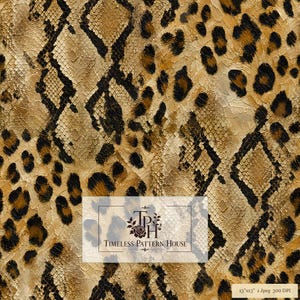 May include: A digital pattern featuring a split design of brown and black leopard spots on the right and a textured snakeskin scale pattern on the left. The image includes the text Timeless Pattern House and 33.02 cm x 33.02 cm 1 jpeg 300 DPI.