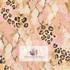 Pode incluir: Um padrão digital com uma mistura de texturas rosa e douradas, manchas de leopardo e um design de escamas de cobra. Uma etiqueta retangular no centro exibe o texto Timeless Pattern House com um logótipo floral. Uma etiqueta indica 13x13 1 Jpeg 300 DPI.