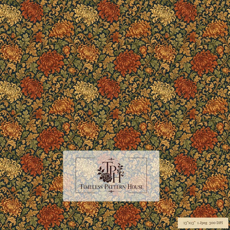 Victorian Chrysanthemum Floral Damask Pattern | Navy Gold Rust ...