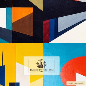 K&ouml;nnte beinhalten: Ein digitaler Kunstdruck mit geometrischen Formen in Schwarz, Orange, Blau, Rot und Gelb. Das Bild enth&auml;lt den Text Timeless Pattern House und 13"x13" 1 Jpeg 300 DPI. Die Komposition zeigt scharfe Winkel, massive Farbbl&ouml;cke und ein stilisiertes Logo.