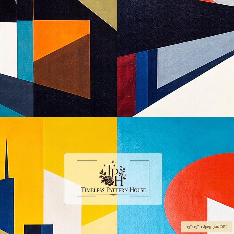 K&ouml;nnte beinhalten: Ein digitaler Kunstdruck mit geometrischen Formen in Schwarz, Orange, Blau, Rot und Gelb. Das Bild enth&auml;lt den Text Timeless Pattern House und 13"x13" 1 Jpeg 300 DPI. Die Komposition zeigt scharfe Winkel, massive Farbbl&ouml;cke und ein stilisiertes Logo.