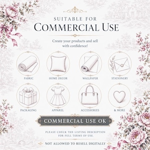 K&ouml;nnte beinhalten: Eine Grafik mit dem Text SUITABLE FOR COMMERCIAL USE und COMMERCIAL USE OK, umgeben von Blumenillustrationen. Acht kreisf&ouml;rmige Symbole zeigen Stoff, Wohnkultur, Tapete, Schreibwaren, Verpackung, Kleidung, Accessoires und ein Herz.