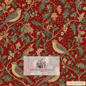 Puede incluir: Un patrón de tela con pájaros marrones posados entre hojas de acebo verde oscuro y bayas rojas sobre un fondo rojo intenso. El texto "TPH TIMELESS PATTERN HOUSE" está centrado. Una etiqueta indica "13"x13" 1 jpeg 300 DPI".