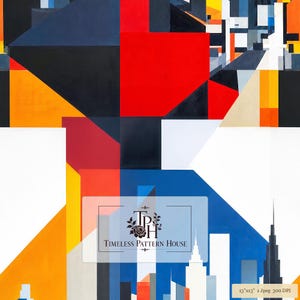 May include: A digital art print featuring a geometric composition of bold red, blue, yellow, black, and white shapes. The lower section depicts a stylized city skyline. A logo with the text "TPH Timeless Pattern House" is centered.