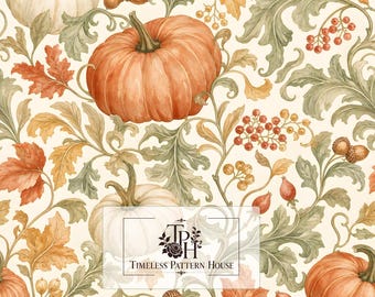 May include: A seamless pattern featuring orange and white pumpkins, acorns, red berries, and swirling sage green foliage on a cream background. The center displays the text TPH TIMELESS PATTERN HOUSE and the bottom right reads 13x13 300 DPI.