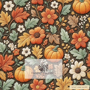 May include: A fabric pattern featuring embroidered orange pumpkins, rust-coloured flowers, and green autumn leaves on a dark brown background. The design includes the text Timeless Pattern House and a 33x33 cm label.