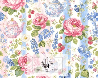 May include: A fabric pattern featuring pink roses, blue teapots, raspberries, and blue flowers on a white background with vertical light blue stripes. A central rectangular logo reads TPH Timeless Pattern House. The image includes a 13x13 inch label.