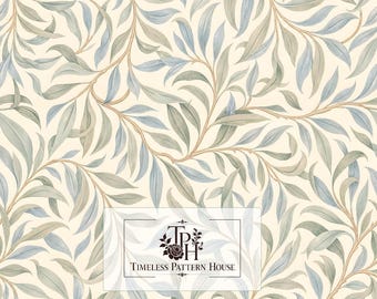 May include: A seamless digital pattern featuring flowing willow branches with elongated leaves in shades of sage green, muted blue, and tan on a cream background. A logo for Timeless Pattern House is centered with the text 13x13 1 Jpeg 300 DPI.