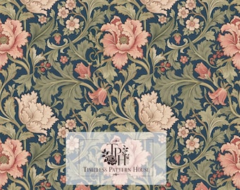 William Morris Style Floral Fabric Pattern | Navy Pink Peony Botanical Digital Download